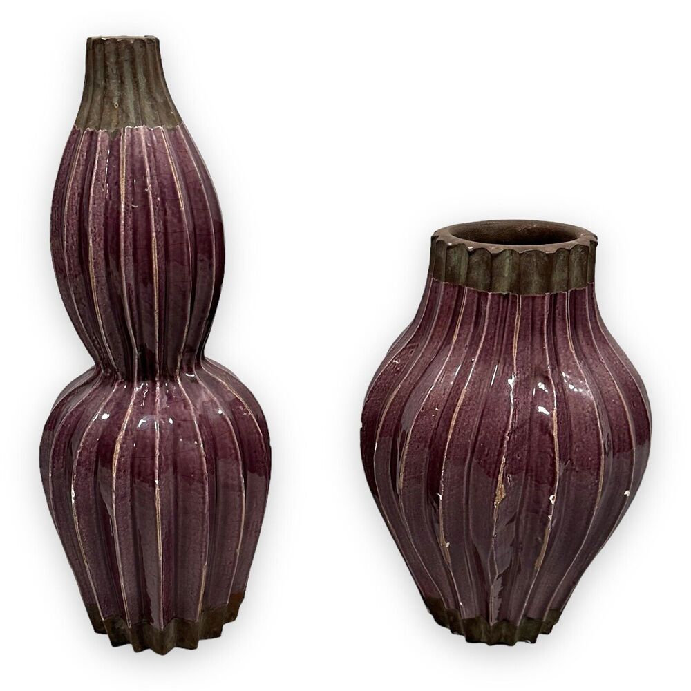Vintage Raku Clay Pottery‎ Ribbed Vase Lot 2 Glaze Purple Bulb 16" Double Gourd